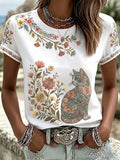 Women's Floral Cats Print Casual Tee