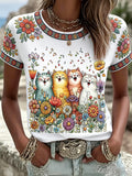 Women's Cute Floral Cats Print Casual Tee