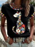 Women's Floral Cat Print Casual Tee
