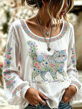 Women's Floral Cat Print Casual Long Sleeve Shirt