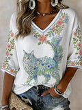 Women's Floral Cat Print Casual Half Sleeve Shirt