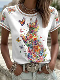Women's Floral Cats Print Casual Tee