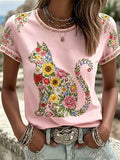 Women's Floral Cats Print Casual Tee