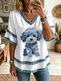 Women's Lovely Dog Denim Patchwork Art Tassel Top