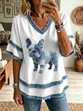 Women's Lovely French Bulldog Denim Patchwork Art Tassel Top