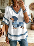 Women's Lovely Dachshund Denim Patchwork Art Tassel Top