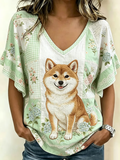 Women's Cute Dog Print Sleeve T-Shirt