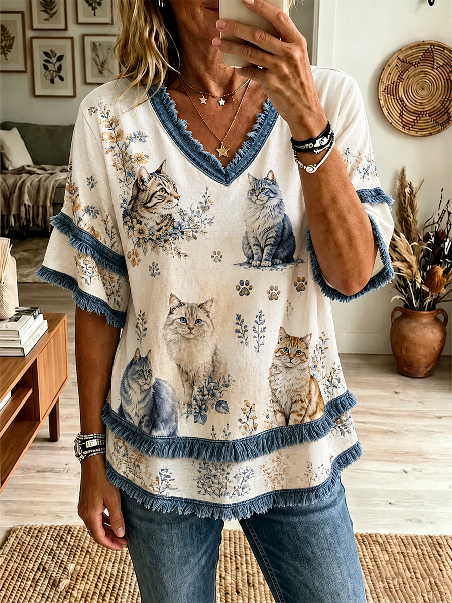 Women's Cat Printed Cotton-Linen Shirt