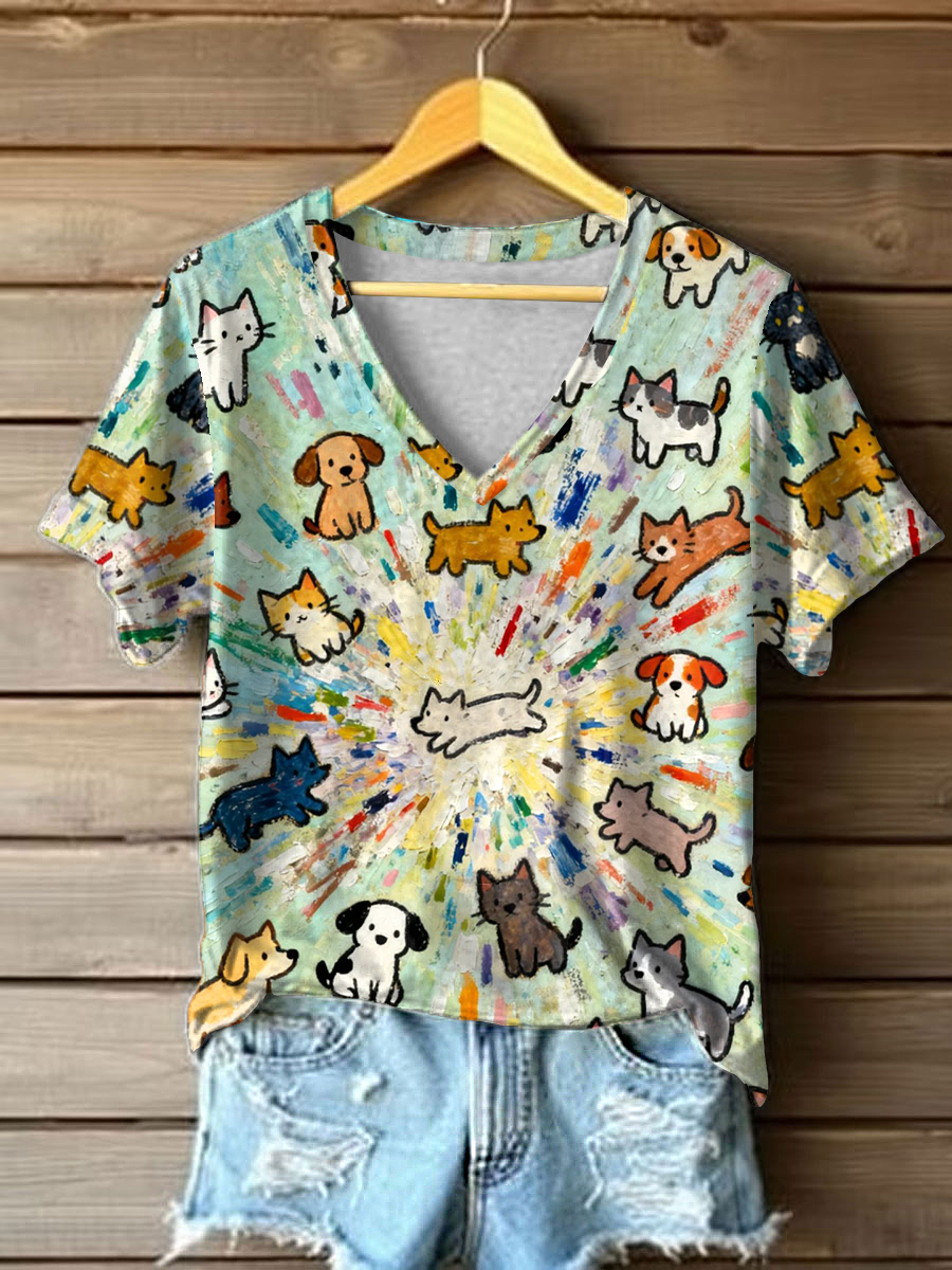 Women's Dog and Cat Art Print Casual T-Shirt
