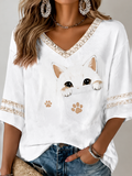 Women's Cat Printed Mid-length Sleeves V-Neck T-Shirt
