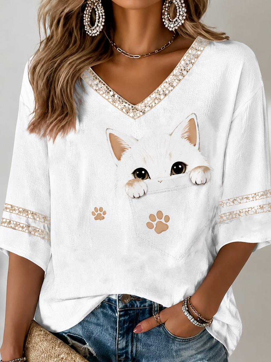Women's Cat Printed Mid-length Sleeves V-Neck T-Shirt