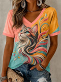 Women's Artistic Cats Print Casual V-Neck Tee