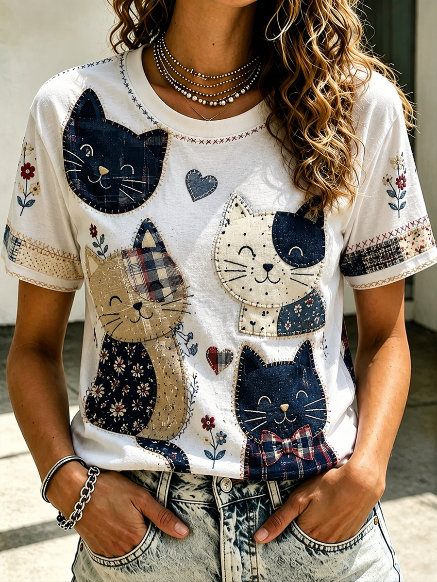 Women's Cat Printed short-sleeved T-shirt