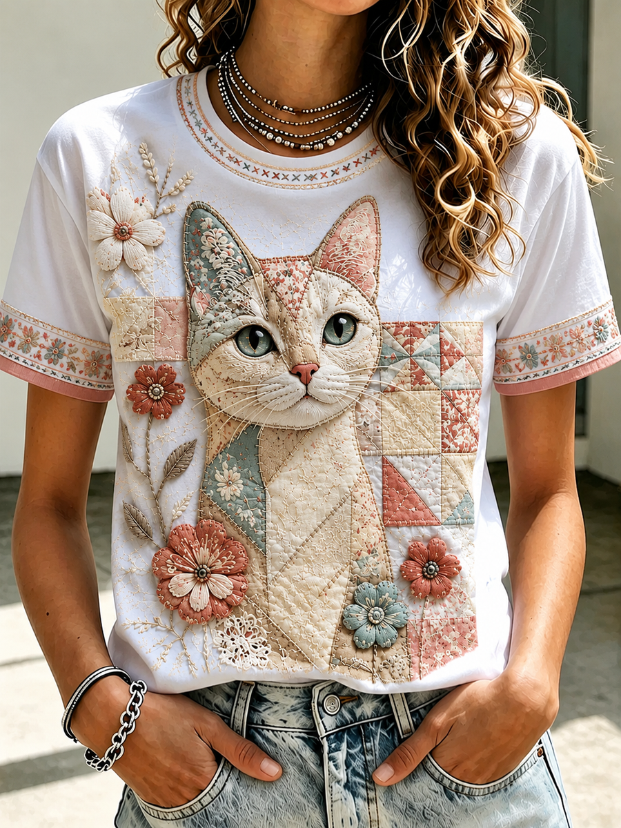 Women's Cat Printed short-sleeved T-shirt