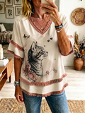 Women's Cat Printed Cotton-Linen Shirt