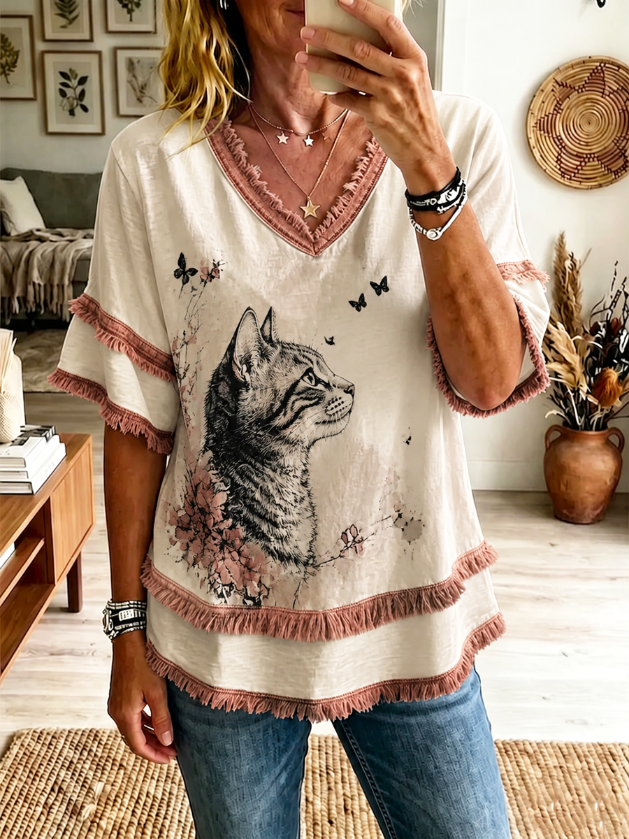 Women's Cat Printed Cotton-Linen Shirt
