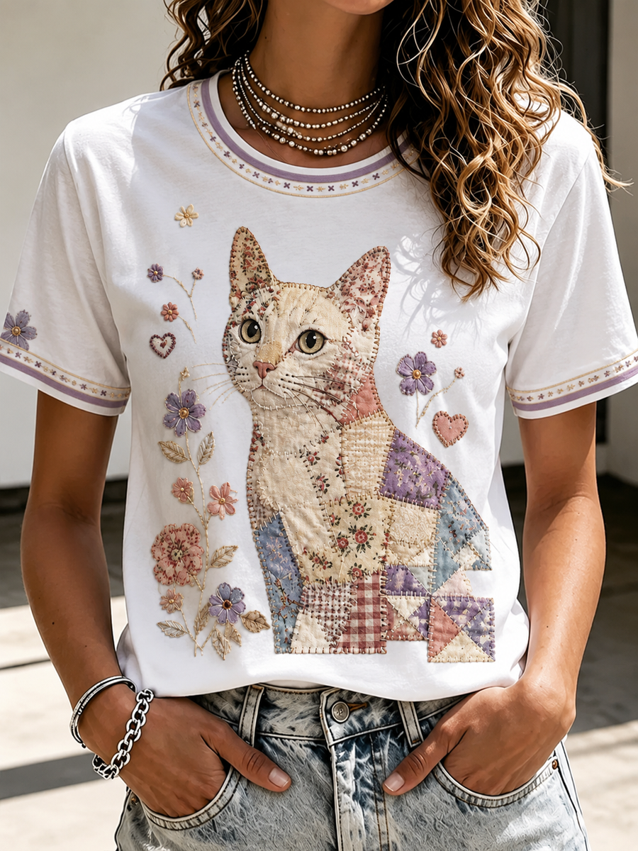 Women's Cat Printed short-sleeved T-shirt
