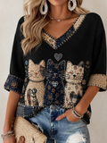 Women's Cat Printed Mid-length Sleeves V-Neck T-Shirt