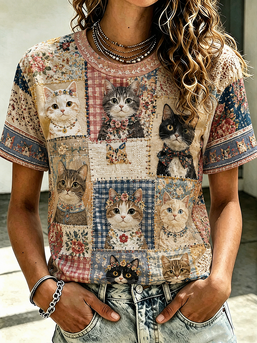 Women's Cat Printed short-sleeved T-shirt