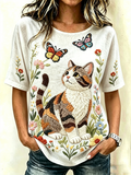 Women's Cute Cat Print linen short-sleeved T-shirt