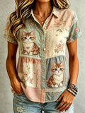Women's Cute Cat Print Cotton-Linen Shirt