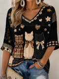 Women's Cat Printed Mid-length Sleeves V-Neck T-Shirt