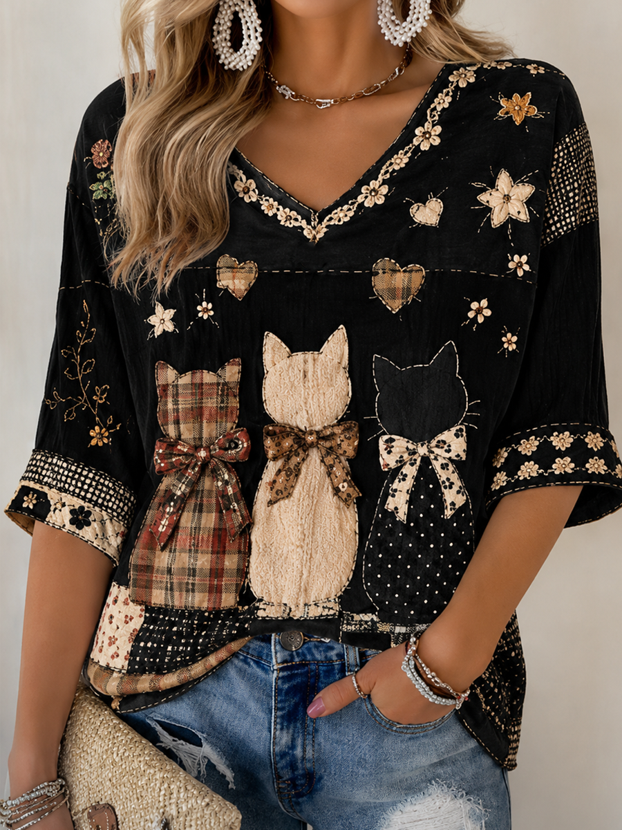 Women's Cat Printed Mid-length Sleeves V-Neck T-Shirt
