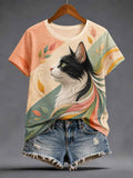 Women's Artistic Cat Print Casual Tee