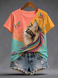 Women's Artistic Cat Print Casual Tee