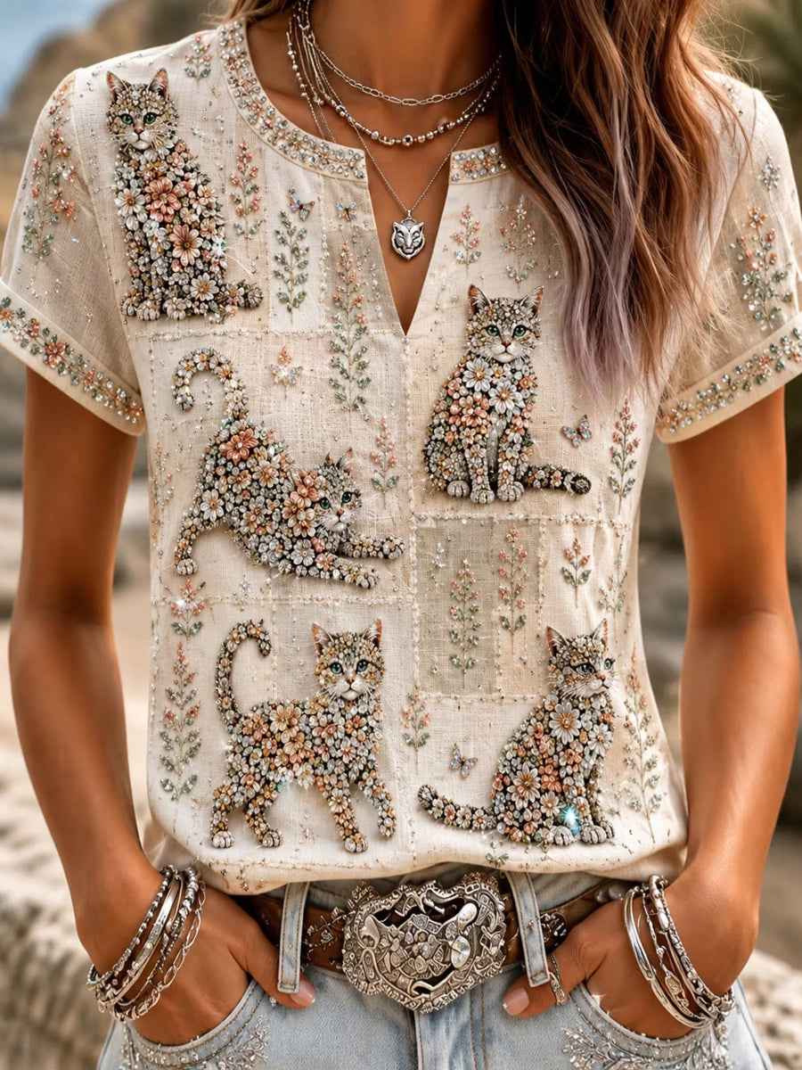 Women's Cute Cat Art Cotton-Linen Short Sleeves Shirt