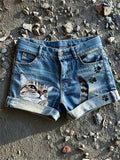 Women's Peeking Cat & Paw Prints Print Denim Shorts