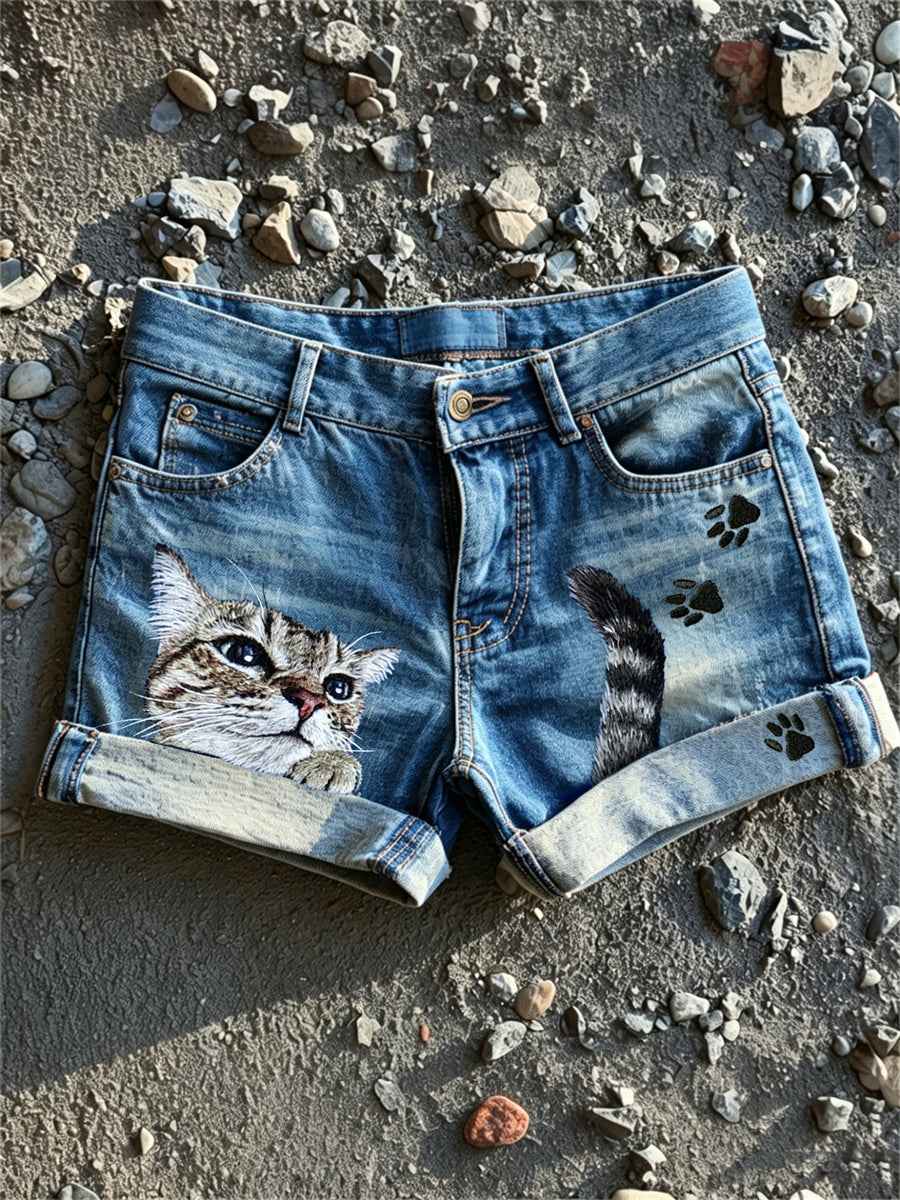 Women's Peeking Cat & Paw Prints Print Denim Shorts