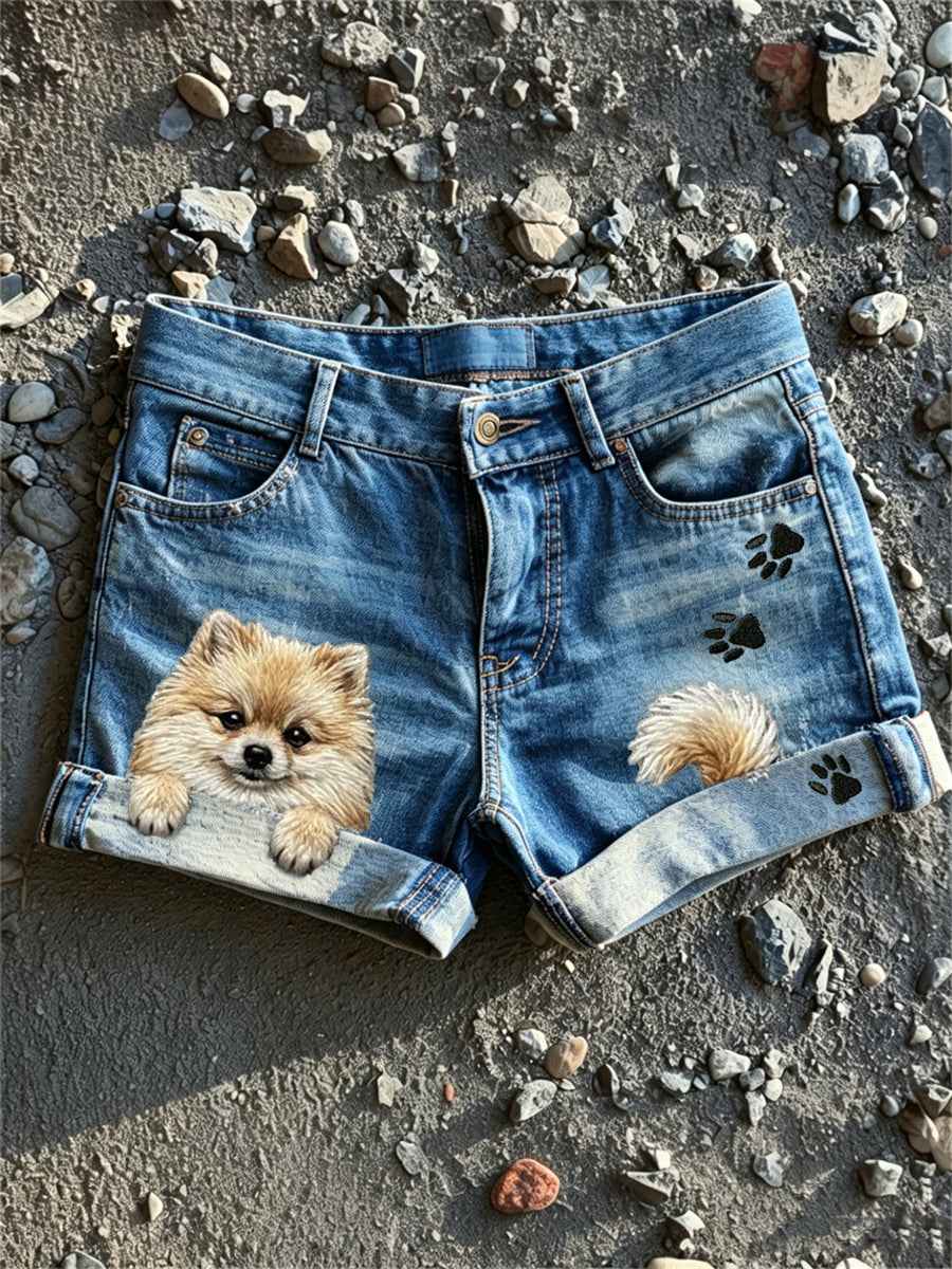 Women's Peeking Pom Dog & Paw Prints Print Denim Shorts