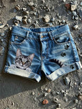 Women's Peeking Cat & Paw Prints Print Denim Shorts