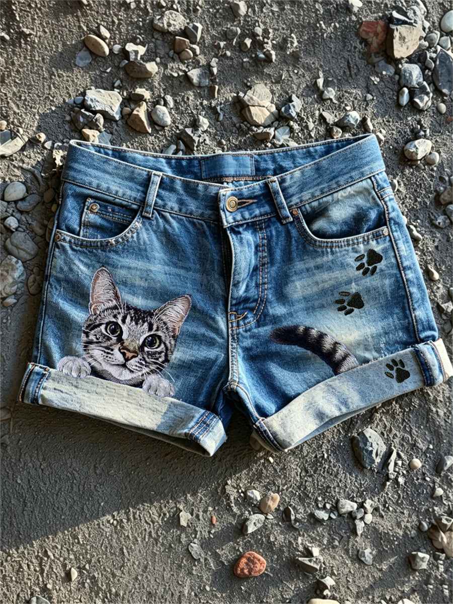 Women's Peeking Cat & Paw Prints Print Denim Shorts
