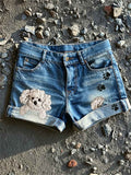 Women's Peeking Dog & Paw Prints Print Denim Shorts