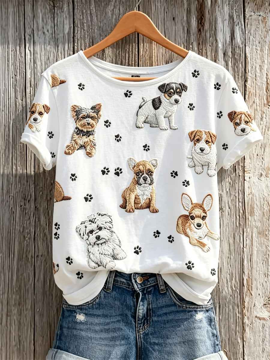 Women's Lovely Dogs & Paw Prints Pattern Print short-sleeved T-shirt