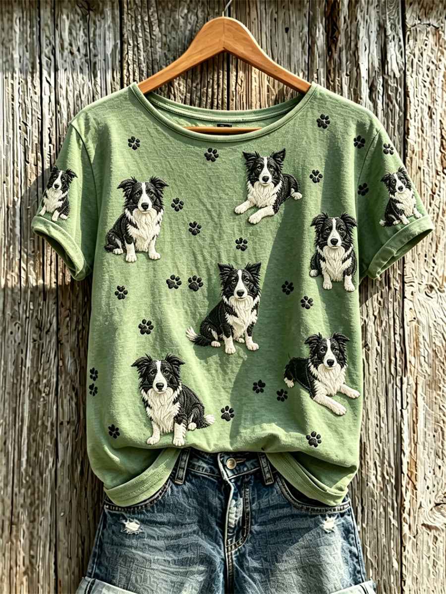 Women's Border Collie Dogs & Paw Prints Pattern Print short-sleeved T-shirt