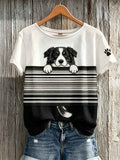 Women's Peeking Border Collie Dog & Paw Print Colorblock Print short-sleeved T-shirt