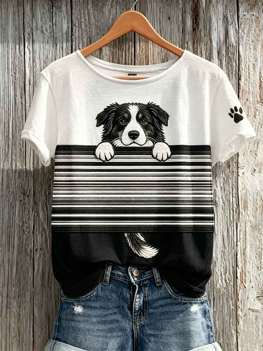 Women's Peeking Border Collie Dog & Paw Print Colorblock Print short-sleeved T-shirt