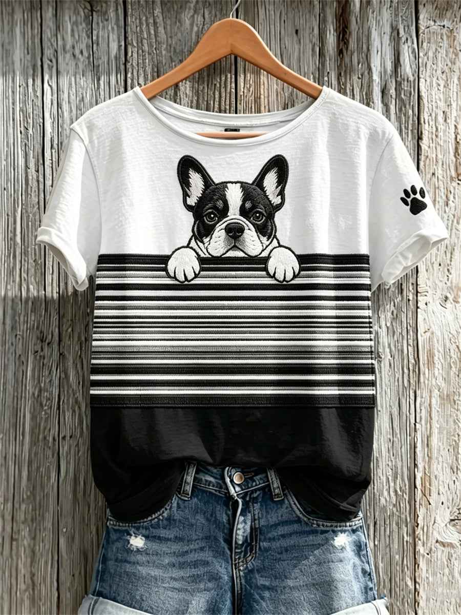 Women's Peeking Bulldog & Paw Print Colorblock Print short-sleeved T-shirt