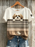 Women's Peeking Shih Tzu Dog & Paw Print Colorblock Print short-sleeved T-shirt