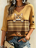 Women's Peeking Tabby Cat & Paw Prints Colorblock Print Mid-length Sleeves V-Neck T-Shirt
