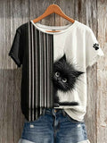 Women's Peeking Black Cat & Paw Print Contrast Print short-sleeved T-shirt