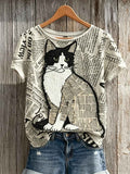 Women's Vintage Cat Newspaper Patchwork Art Print short-sleeved T-shirt