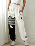 Women's Lovely Peeking Maltese Dog & Paw Prints Colorblock Print Sweatpants