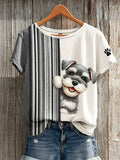 Women's Peeking Schnauzer Dog & Paw Print Colorblock Print short-sleeved T-shirt