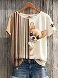 Women's Peeking Chihuahua Dog & Paw Print Colorblock Print short-sleeved T-shirt