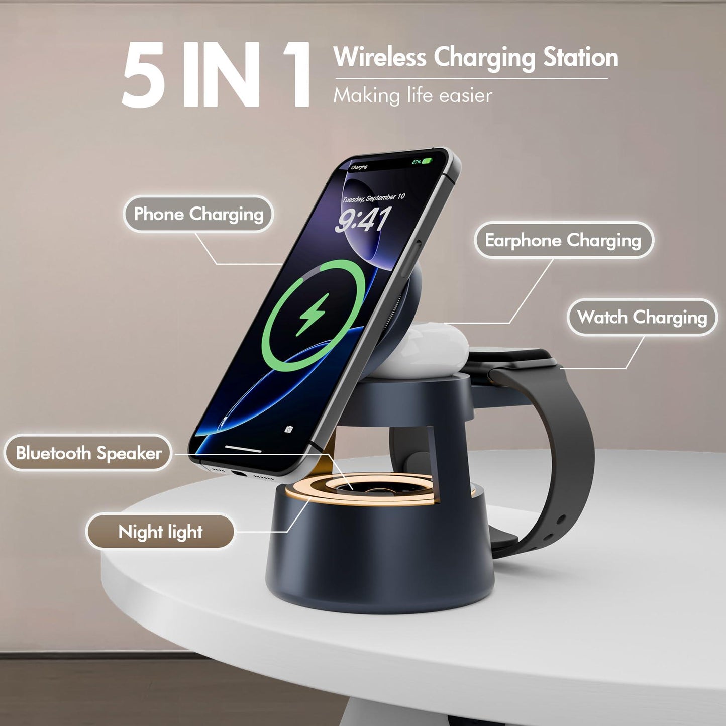 5-in-1 Wireless Charging Station with Bluetooth Speaker & Night Light